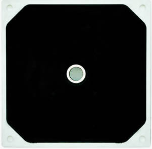 Black rubber membrane plate has a central feed eye fixed by a metal ring