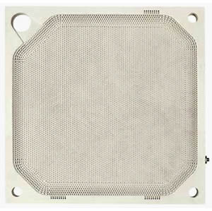 Membrane filter plate has a corner feed eye and three drain holes at other corners