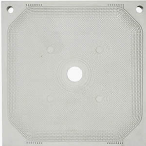 Welded membrane filter plate has central feed eye, two drain holes at the top
