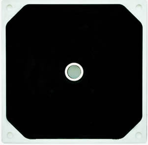 Black rubber membrane plate has a central feed eye fixed by a metal ring